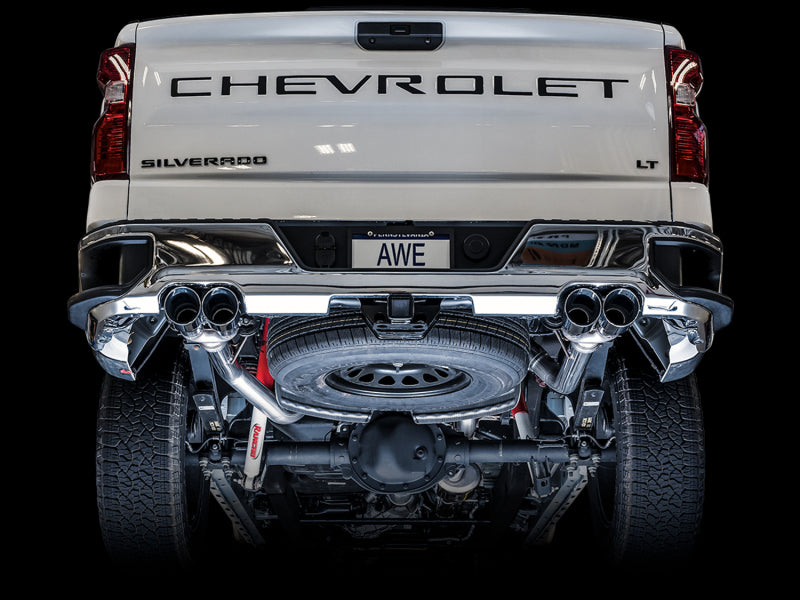 AWE Tuning 4th Gen GM 1500 5.3L 0FG Catback Split Rear Exit (w/ Bumper Cutouts) - Quad Chrome Tips 3015-42201 3015-42201 Photo - Mounted