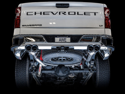 AWE Tuning 4th Gen GM 1500 5.3L 0FG Catback Split Rear Exit (w/ Bumper Cutouts) - Quad Chrome Tips 3015-42201 3015-42201 Photo - Mounted