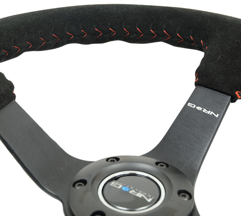 NRG Reinforced Steering Wheel (350mm / 3in. Deep) Blk Suede/Red BBall Stitch w/5mm Matte Blk Spokes RST-036MB-S-RD RST-036MB-S-RD Photo - Primary