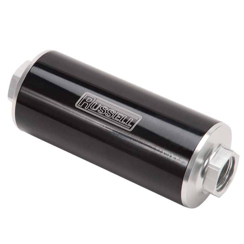 Russell Fuel Filter 10 Micron #10 AN Inlet #10 AN Outlet Blk/Clear Finish 649250 Photo - out of package