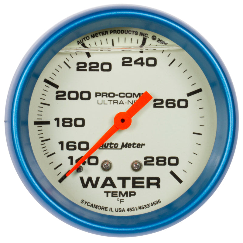 Autometer Gauge, Water Temp, 2 5/8", 140-280 deg. F, Liq Filld Mech, 4ft. Glow 4235 Photo - Primary