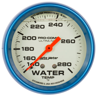 Autometer Gauge, Water Temp, 2 5/8", 140-280 deg. F, Liq Filld Mech, 4ft. Glow 4235 Photo - Primary