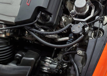 J&L 14-19 Chevrolet Corvette LT1 6.2L Driver Side Oil Separator 3.0 - Black Anodized 3087D-B 3087D-B Photo - Mounted