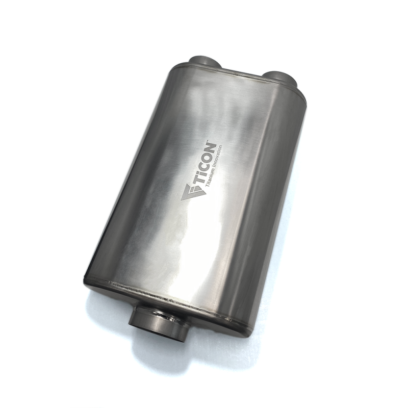 Ticon Industries 17in OAL 3in Thin Oval Matte Finish Titanium Muffler - 3in Center In/2.5in Dual Out 116-07623-0220