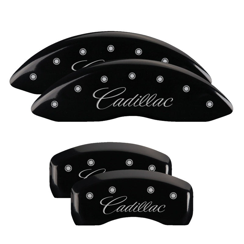 MGP 4 Caliper Covers Engraved Front & Rear Cursive/Cadillac Black finish silver ch 35007SCADBK 35007SCADBK Photo - Primary