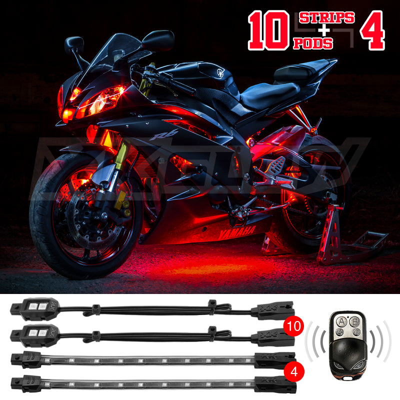 XKGLOW XK Glow Single Color XKGLOW LED Accent Light Motorcycle Kit Red - 10xPod + 4x8InStrips XK034002-R XK034002-R User 1