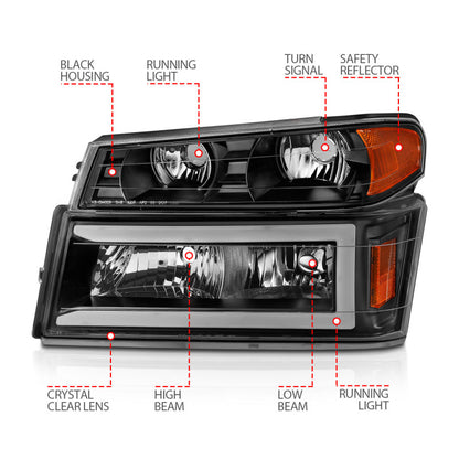 ANZO 04-12 GM Colorado/Canyon/I-Series Crystal Headlights - w/ Light Bar Black Housing 4pcs 111558 111558 Photo - Unmounted