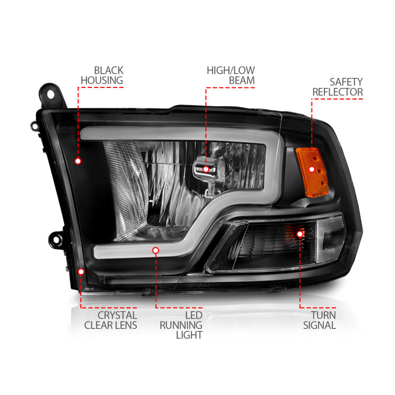 ANZO 2009-2018 Dodge Ram 1500 Crystal Headlights w/ Light Bar Black Housing 111515 111515 Photo - Unmounted