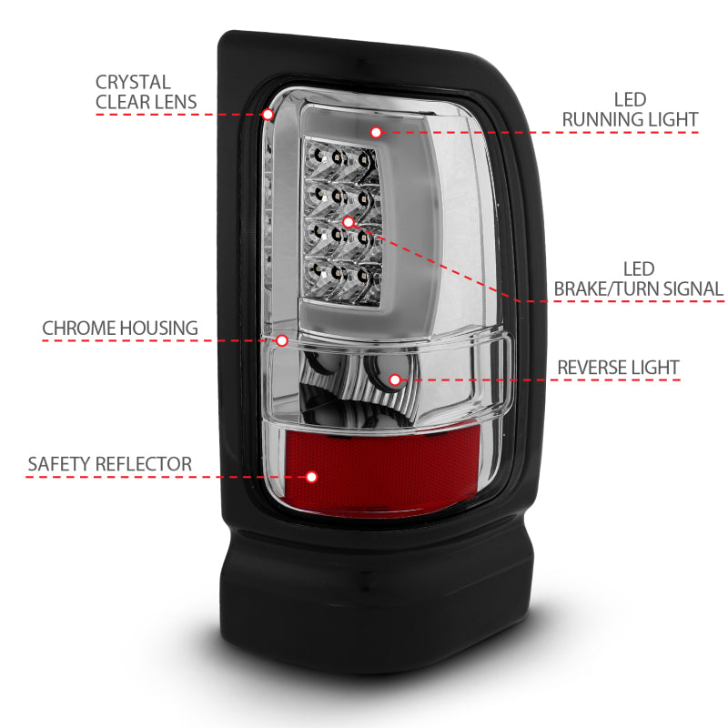 ANZO 1994-2001 Dodge Ram 1500 LED Taillights Plank Style Chrome w/ Clear Lens 311341 311341 User 3