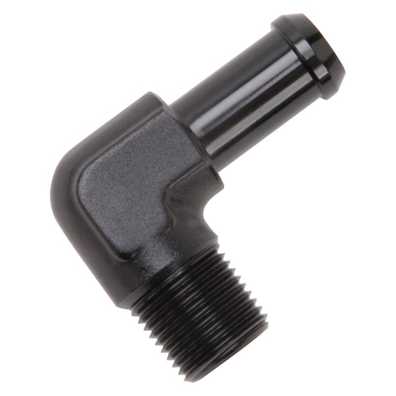Edelbrock Hose End, 90-Degree, 3/8" NPT TO 1/2" Barb, Black Anodize 8163 Photo - out of package