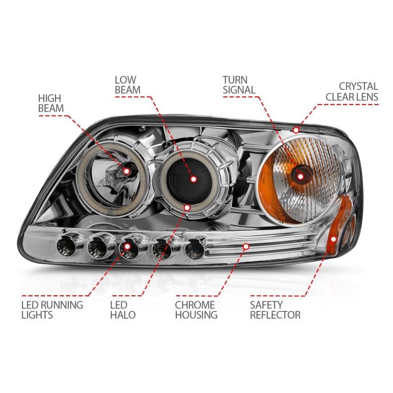 Anzo 1997.5-2003 Ford F-150 Projector Headlights w/ Halo Chrome 1pc 111054 Photo - Unmounted
