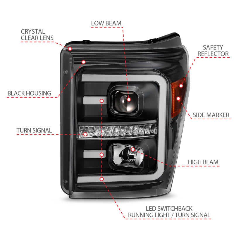 ANZO 2011-2016 Ford F250 Projector Headlights w/ Plank Style Switchback Black w/ Amber 111406 111406 Photo - Unmounted