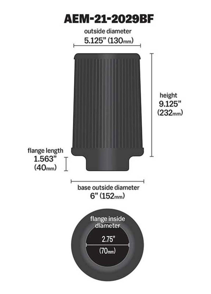 AEM Induction AEM Dryflow Conical Air Filter 2.75in Flange ID / 6in Base OD / 5.125in Top OD / 9.125in Height 21-2029BF 21-2029BF Technical Drawing