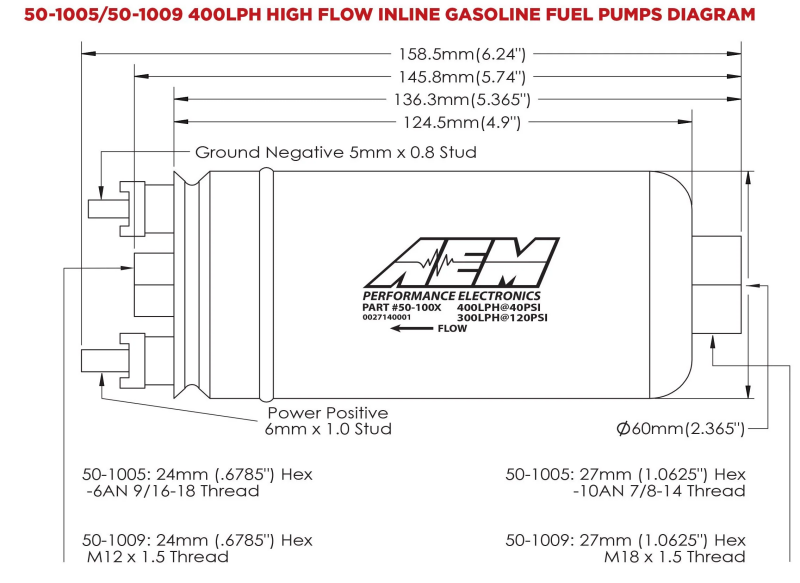 AEM Electronics 400lph Inline High Flow Fuel Pump. 400lph@40psi, 300LPH@120psi. M18x1 50-1009 Photo - out of package