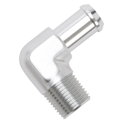 Edelbrock Hose End, 90-deg., 1/2" NPT to 5/8" Barb, Clear Anodize 8179 Photo - out of package