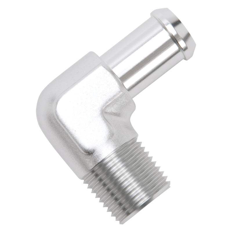 Edelbrock Hose End, 90-deg., 1/2" NPT to 5/8" Barb, Clear Anodize 8179 Photo - out of package