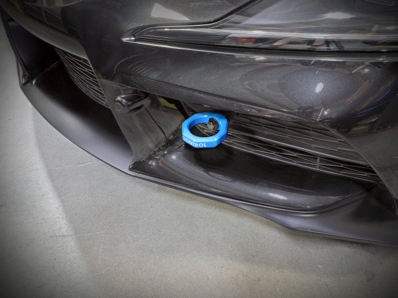 aFe Control Front Tow Hook Blue 20-21 Toyota GR Supra (A90) 450-721001-L 450-721001-L Photo - Mounted