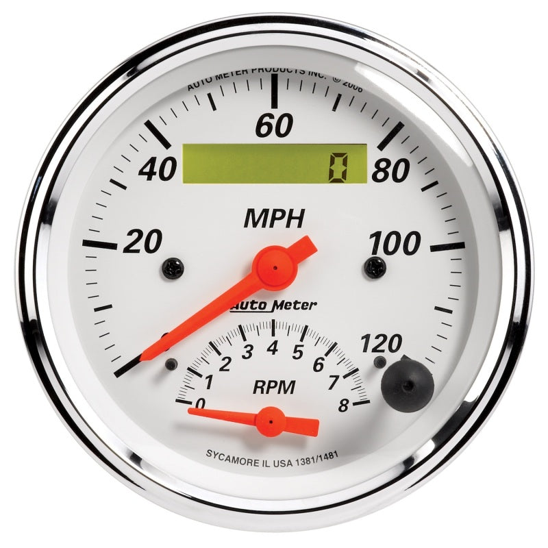 Autometer Gauge, Tach/Speedo, 3 3/8", 120mph & 8k RPM, Elec. Program., Arctic 1381 Photo - Primary