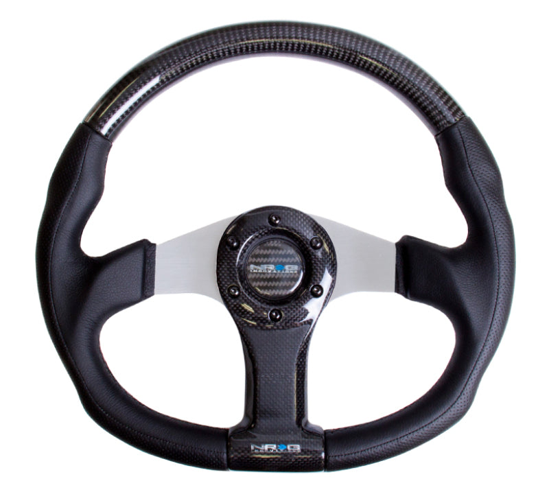 NRG Carbon Fiber Steering Wheel (350mm) Silver Oval Shape w/Leather Trim ST-013CFSL ST-013CFSL Photo - Primary