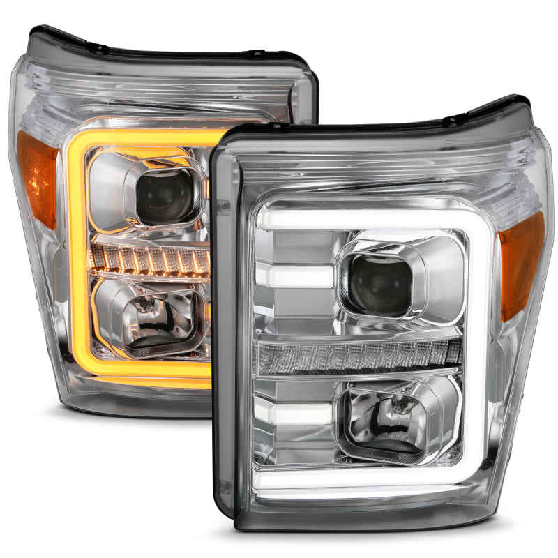 ANZO 11-16 Ford F-250/F-350/F-450 Projector Headlights w/ Plank Style Switchback Chrome w/Amber 111407 111407 Photo - Close Up