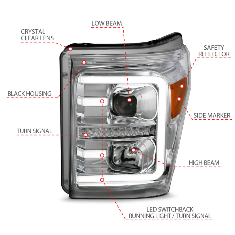 ANZO 11-16 Ford F-250/F-350/F-450 Projector Headlights w/ Plank Style Switchback Chrome w/Amber 111407 111407 Photo - Unmounted