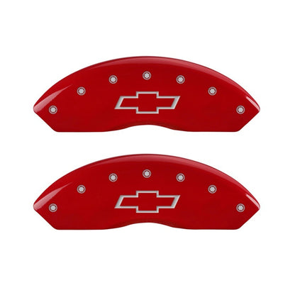 MGP Front set 2 Caliper Covers Engraved Front Bowtie Red finish silver ch 14212FBOWRD 14212FBOWRD Photo - Primary