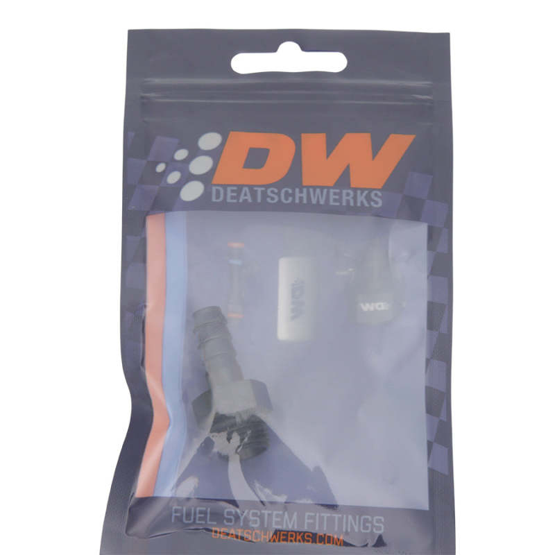 DeatschWerks 6AN ORB Male to 5/16in Male Triple Barb Fitting (Incl O-Ring) - Anodized Matte Black 6-02-0502-B 6-02-0502-B Photo - lifestyle view