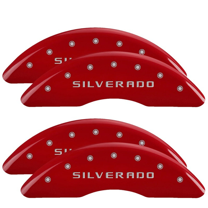 MGP Caliper Covers (set of 4), Engraved Front & Rear Silverado Red finish 14173SSILRD Photo - Primary