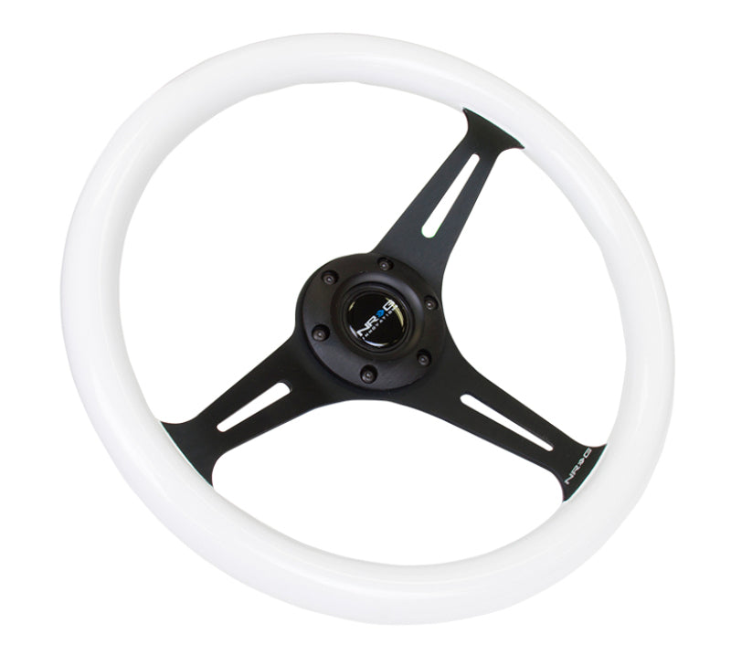 NRG Classic Wood Grain Wheel - 350mm 3 black spokes - Glow-n-the-dark grip ST-015BK-GL Photo - Primary