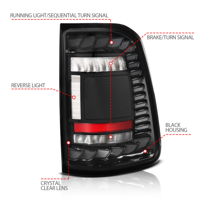 ANZO 19-24 RAM 1500 (Factory Halogen Models) Full LED Tail Lights SeqSig Black - Pair 311480A 311480A User 1