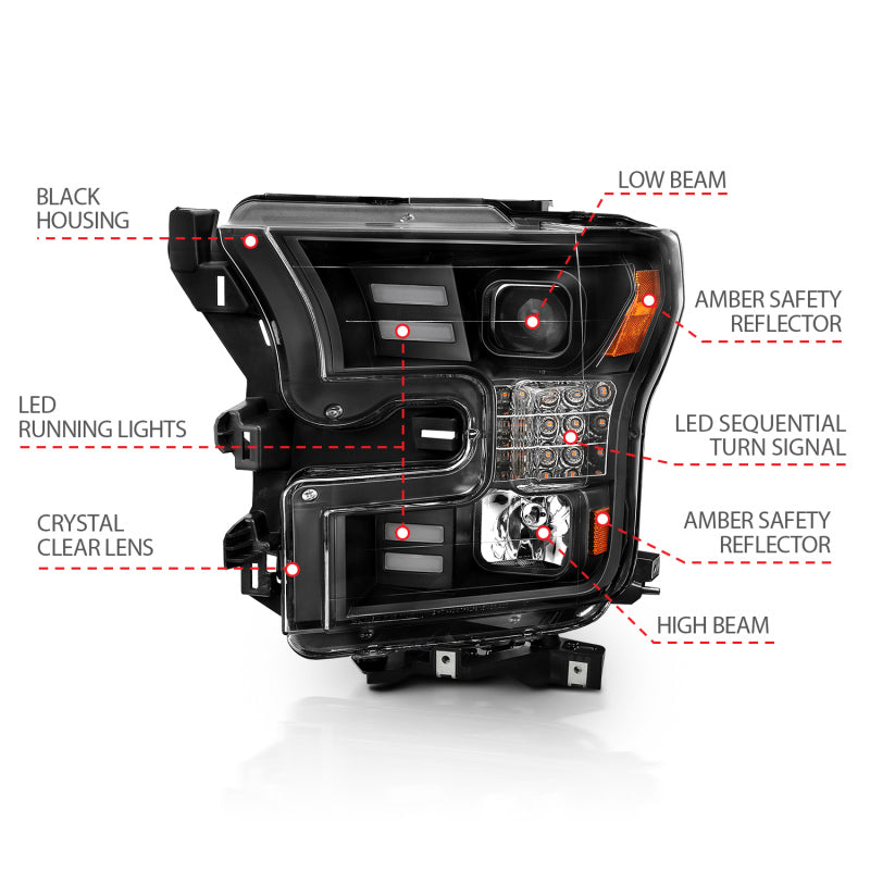 ANZO 15-17 Ford F-150 Project Headlights w/ Plank Style Design Black w/ Amber Sequential Turn Signal 111408 111408 Photo - Unmounted