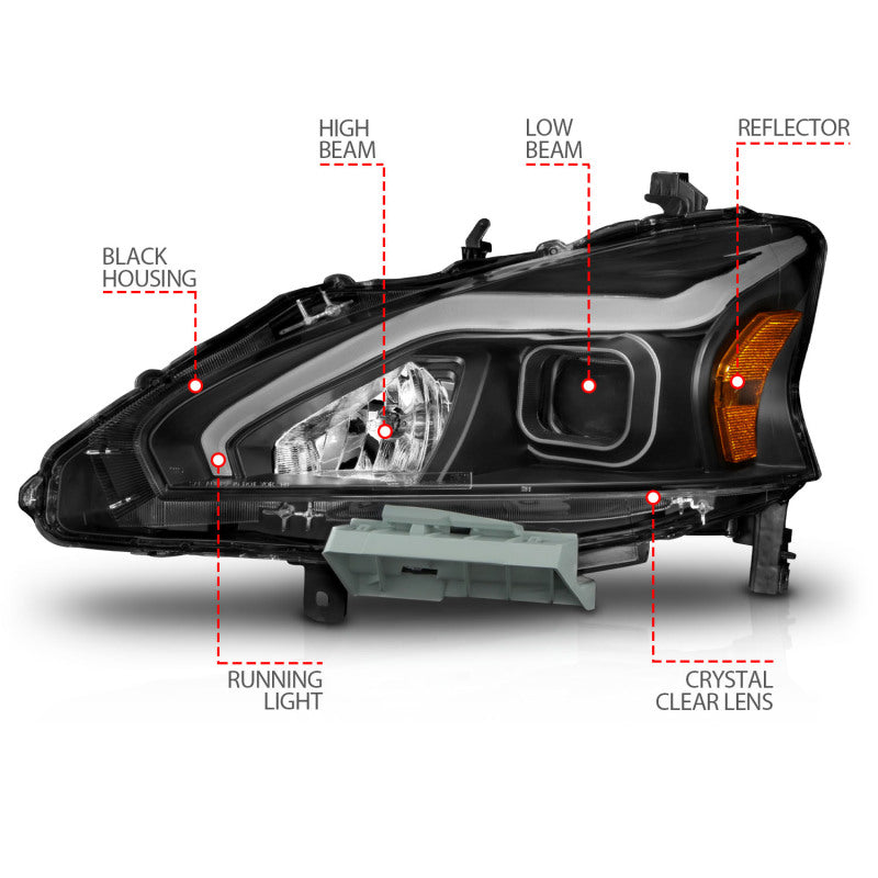ANZO 13-15 Nissan Altima (w/o Factory HID Bulbs) Projector Headlights - w/ Light Bar Black Housing 121569 121569 Photo - Unmounted