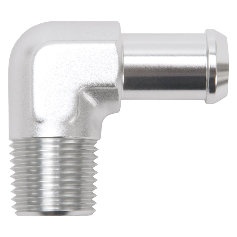 Edelbrock Hose End, 90-deg., 1/2" NPT to 5/8" Barb, Clear Anodize 8179 Photo - Primary