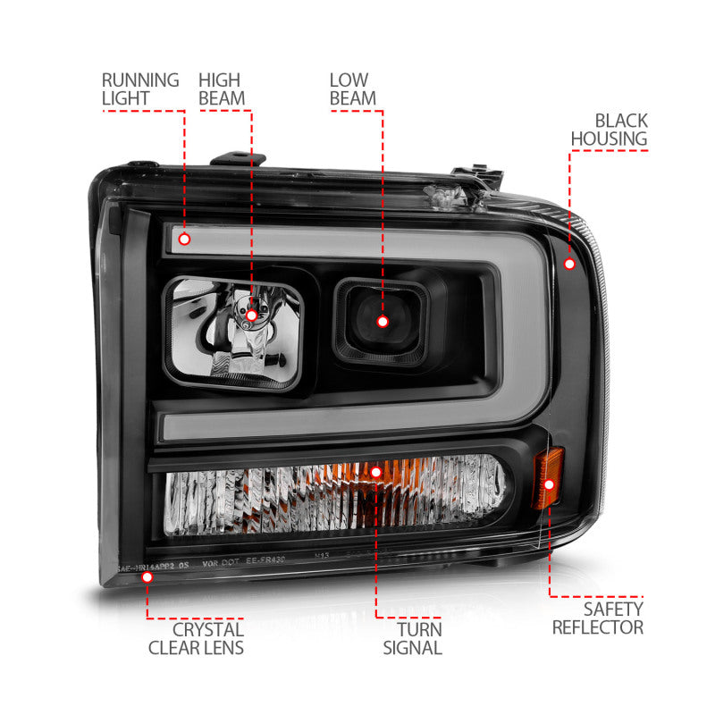 ANZO 99-04 Ford F250/F350/F450/Excursion (excl 99) Projector Headlights - w/ Light Bar Black Housing 111551 111551 Photo - Unmounted