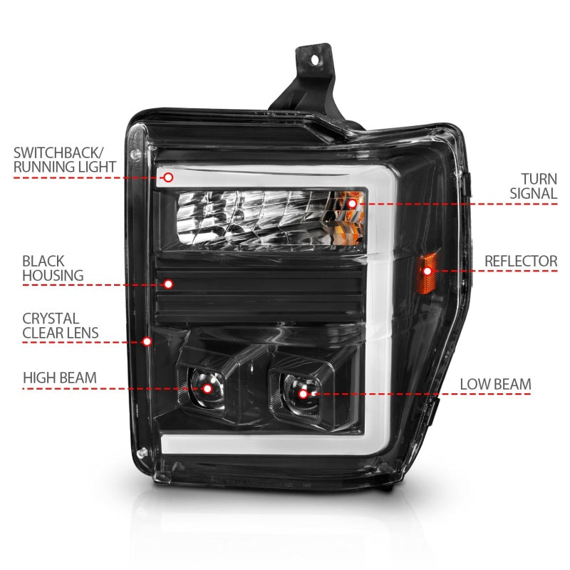 ANZO 08-10 Ford F-250 - F-550 Super Duty Projector Headlights w/ Light Bar Switchback Black Housing 111586 111586 Photo - Unmounted