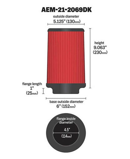 AEM Induction AEM DryFlow Air Filter AIR FILTER KIT 4.5in X 9in DRYFLOW 21-2069DK 21-2069DK Technical Drawing