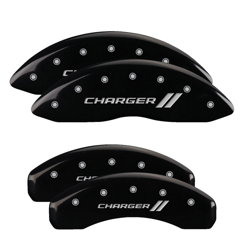 MGP 4 Caliper Covers Engraved Front & Rear With stripes/Charger Black finish silver ch 12088SCH1BK 12088SCH1BK Photo - Primary