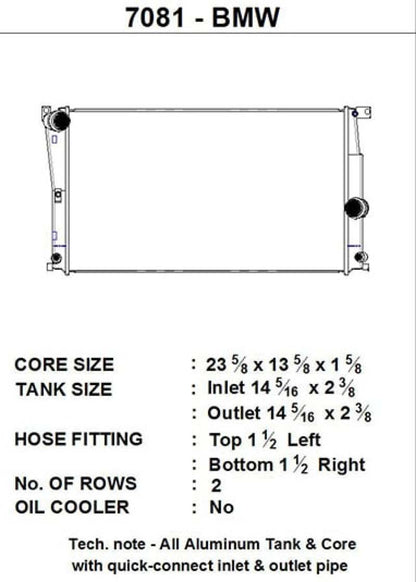 CSF BMW 2 Seires (F22/F23) / BMW 3 Series (F30/F31/F34) / BMW 4 Series (F32/F33/F36) A/T Radiator 7081 7081 Technical Drawing