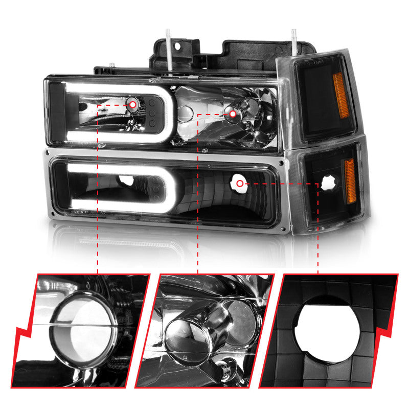 ANZO 88-98 Chevrolet C1500 Crystal Headlights w/ Light Bar Black Housing w/ Signal Side Markers 8Pcs 111528 111528 Photo - Unmounted