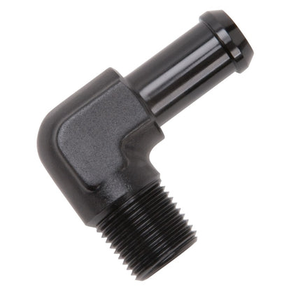 Edelbrock Hose End, 90-Degree, 3/8" NPT TO 1/2" Barb, Black Anodize 8163 Photo - Unmounted
