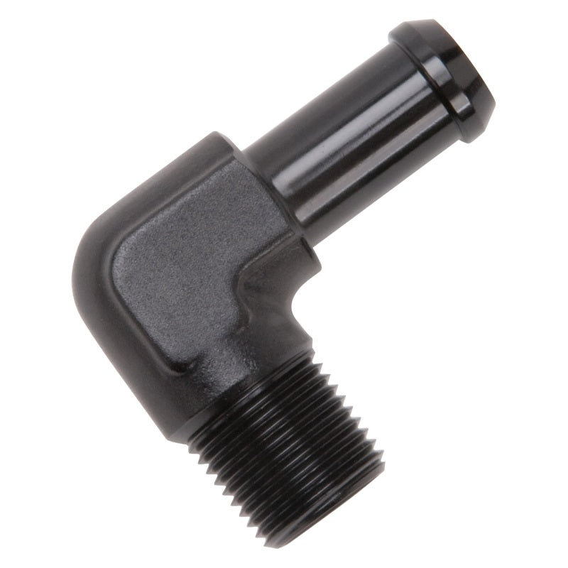 Edelbrock Hose End, 90-Degree, 3/8" NPT TO 1/2" Barb, Black Anodize 8163 Photo - Unmounted