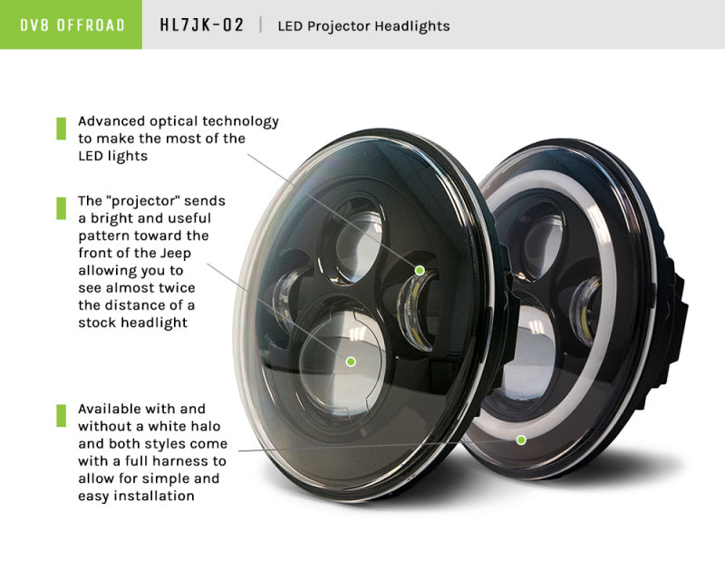 DV8 Offroad 07-18 Jeep Wrangler JK LED Projector Headlights w/ Angel Eyes HL7JK-02 HL7JK-02 Product Brochure - a specific brochure describing a Product