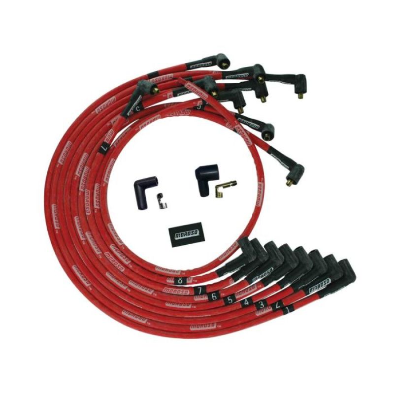 Moroso BBC Under Header 90 Deg Plug Boots Non-HEI Sleeved Ultra Spark Plug Wire Set - Red 52544 52544 User 1