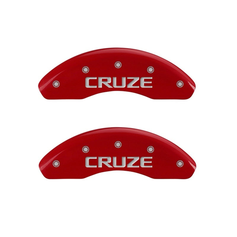 MGP Front set 2 Caliper Covers Engraved Front Cruze Red finish silver ch 14012FCRZRD 14012FCRZRD Photo - Primary