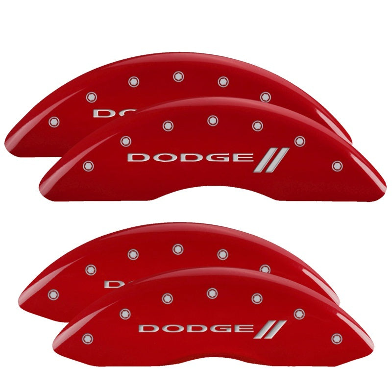 MGP 4 Caliper Covers Engraved Front & Rear With stripes/Dodge Red finish silver ch 12124SDD3RD 12124SDD3RD Photo - Primary