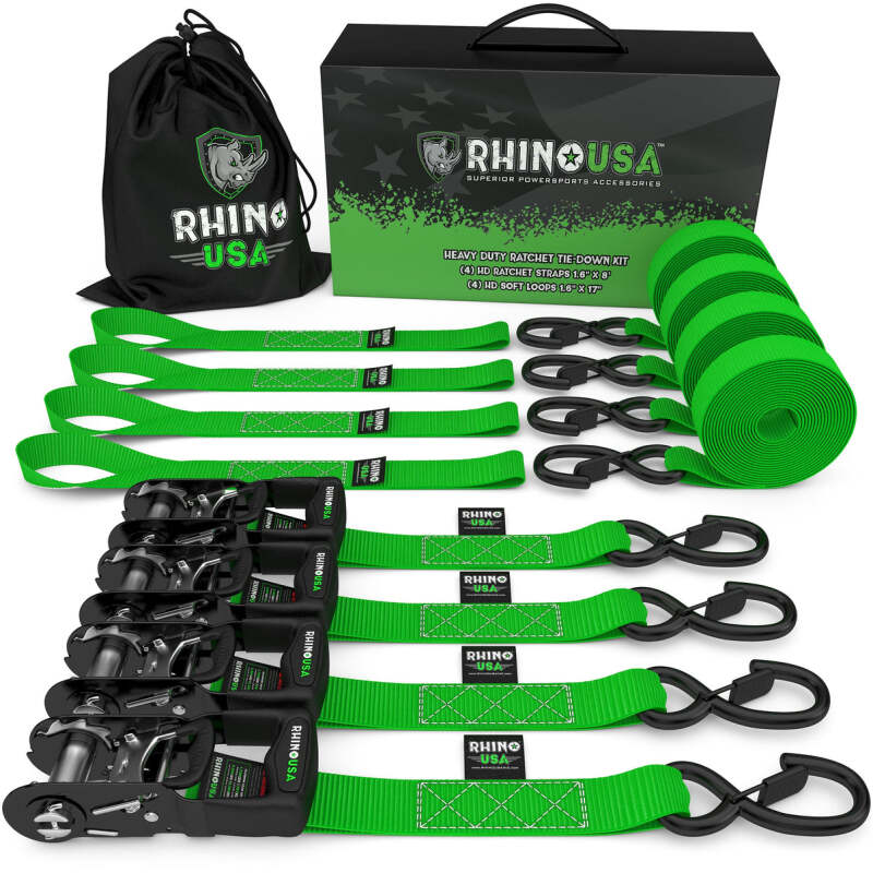 Rhino USA Heavy Duty Ratchet Tie-Down 4-Pack (Green) 1.6In X 8Ft HDKIT-4PK-GRN HDKIT-4PK-GRN Photo - Primary