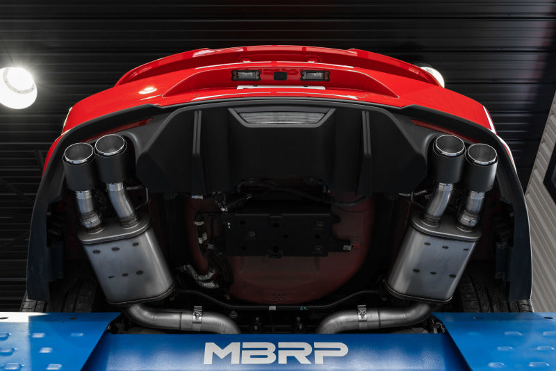 MBRP 18-20 Ford Mustang GT 5.0 w/ Quad Tip Active Exhaust Cat Back Split Rear T304 w/ Carb Fib Tips S72093CF S72093CF Photo - lifestyle view