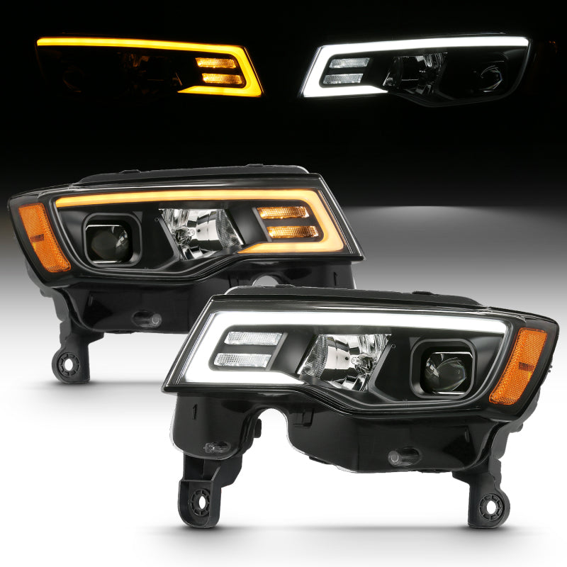 ANZO 2017-2018 Jeep Grand Cherokee Projector Headlights w/ Plank Style Switchback - Black w/ Amber 111418 111418 Photo - Unmounted