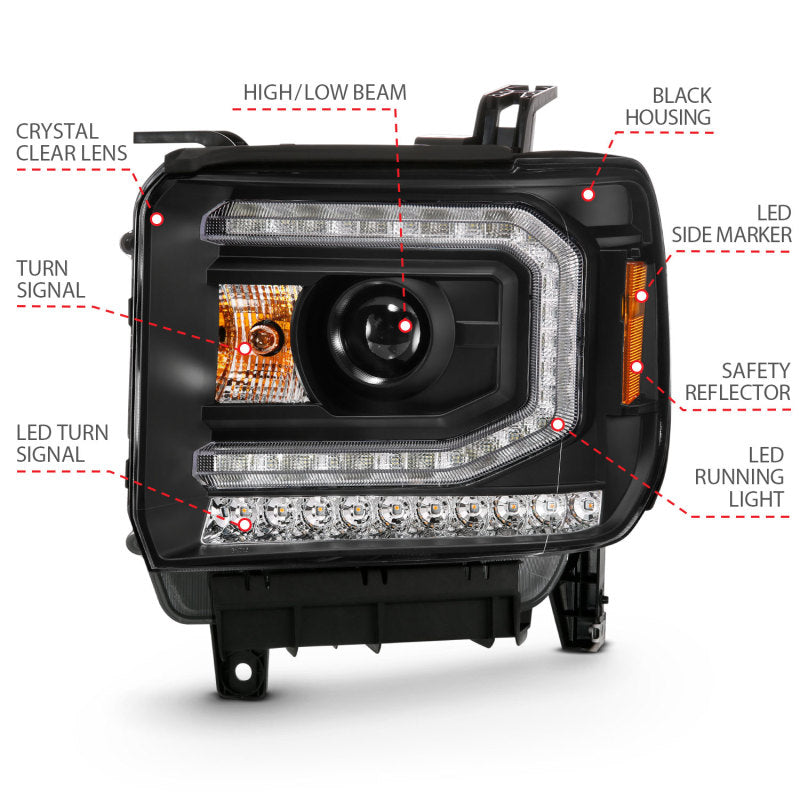 ANZO 2016-2019 Gmc Sierra 1500 Projector Headlight Plank Style Black w/ Sequential Amber Signal 111485 111485 Photo - Unmounted
