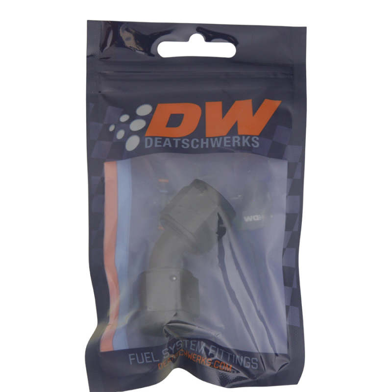 DeatschWerks 8AN Flare Female Swivel 45-Degree to 8AN Flare Female Swivel - Anodized Matte Black 6-02-0213-B 6-02-0213-B Photo - lifestyle view